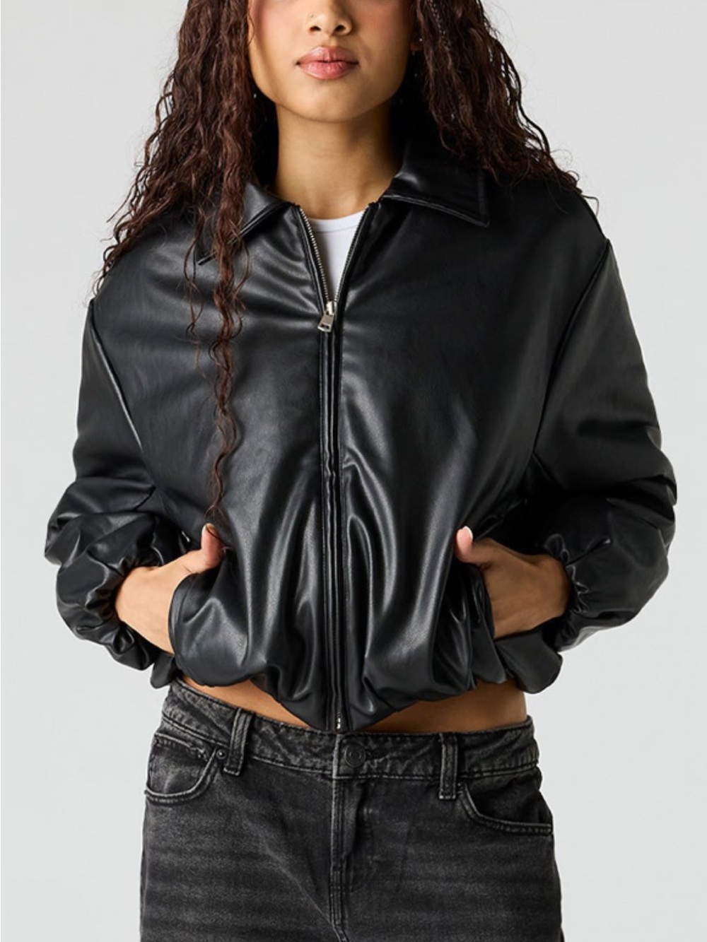 Black Faux Leather Zip-Up Bomber Jacket - Women